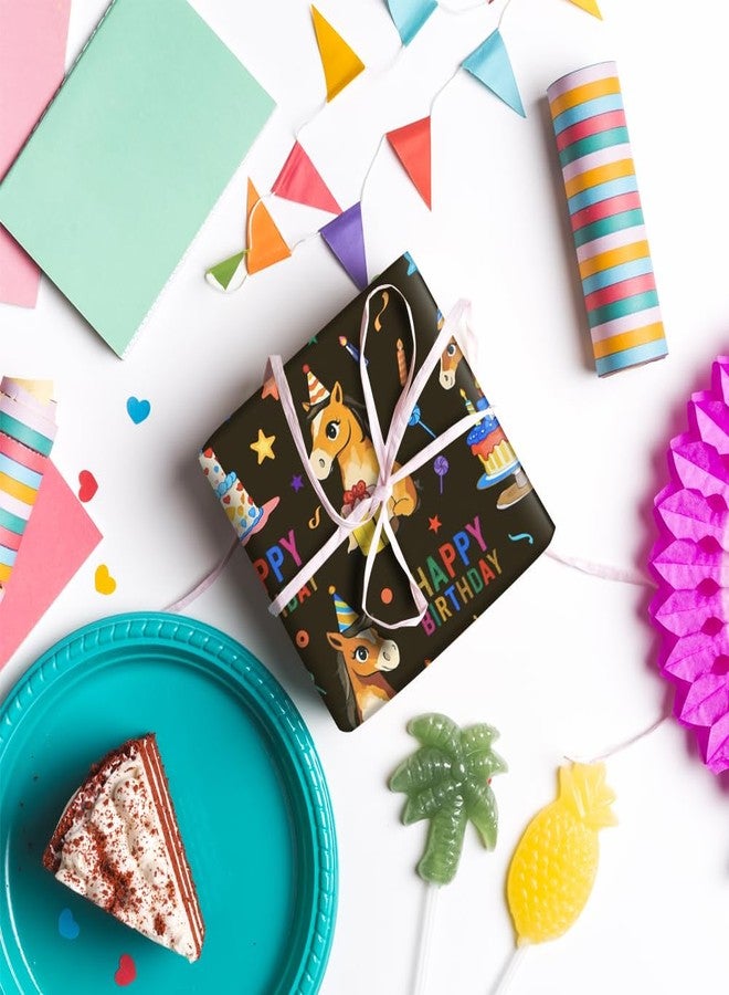 Geluode Horse Happy Birthday Wrapping Paper,Birthday Gift Wrap Black 6 Sheets,Little Brown Horse With Birthday Gifts and Hat Wrapping Paper 20x28Inch For Girls Boys Kids Birthday Farm Animal Party - Image 4